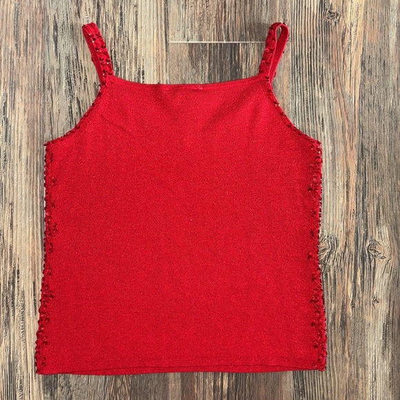 Quest-Ce Que C'est? Silk & Metallic V-Neck Tank Top Womens Lg Red Beads Sequins - Picture 2 of 11